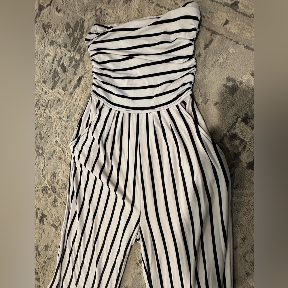 Striped Black and White Strapless Jumpsuit - Picture 5 of 9